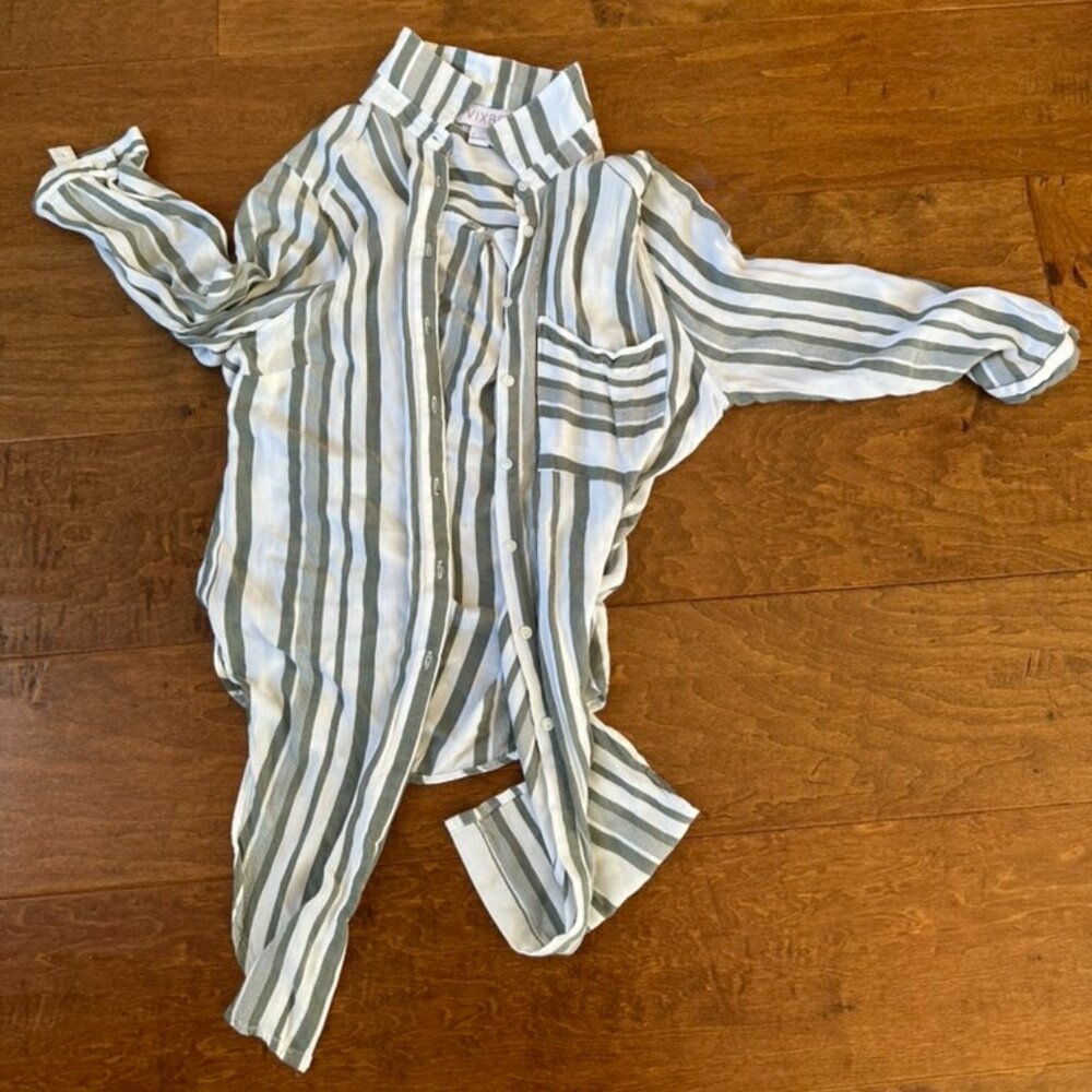 VIXBE Green & White Striped Blouse with Waist Tie – Size Medium